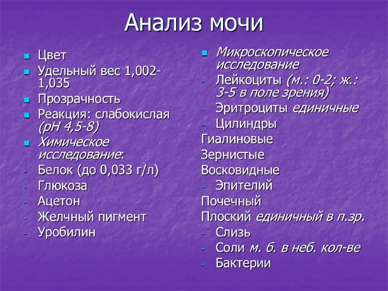 Анализ мочи Цвет Удельный вес 1,002-1,035 Прозрачность Реакция: слабокислая (рН 4,5-8) Химическое исследование: Белок